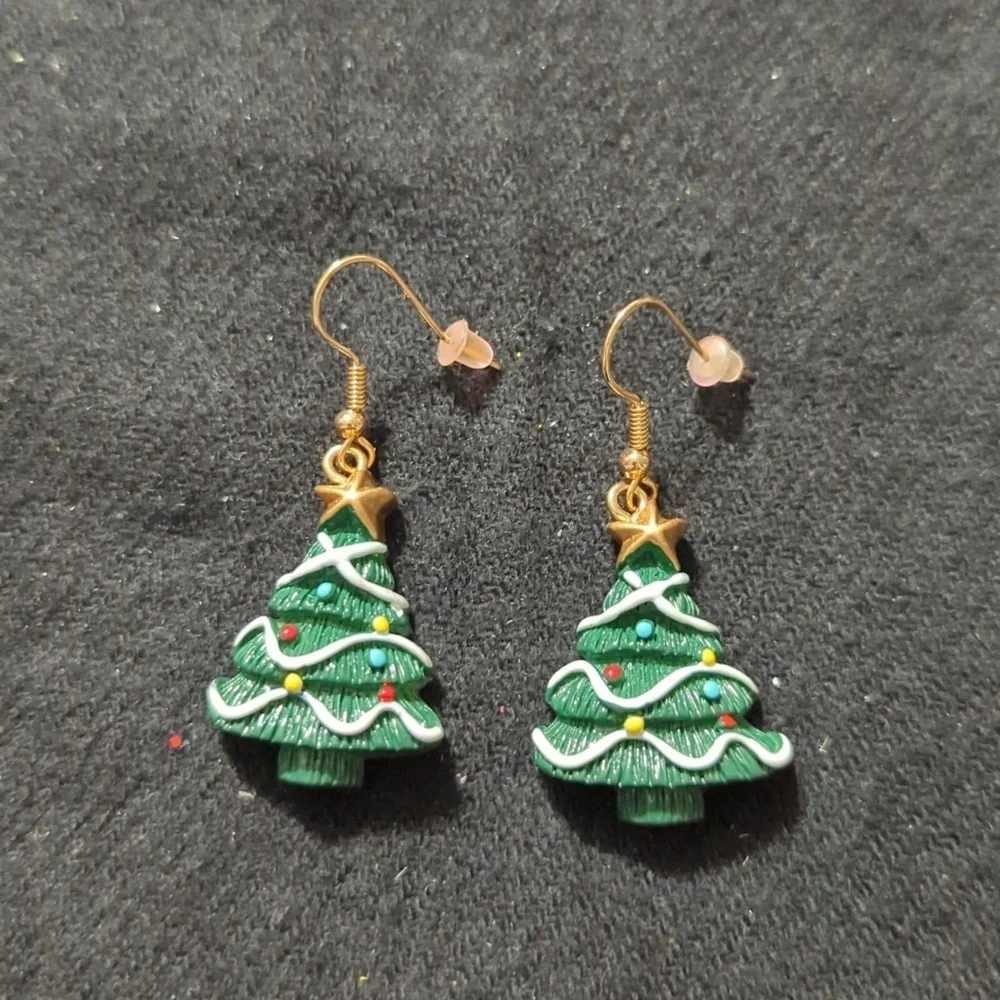 Gold Tone Green Christmas Tree Holiday Resin Dangle Statement Earrings